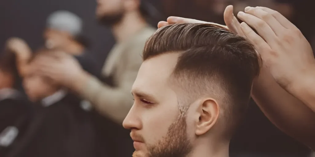 Man receiving a haircut at barber shop.
